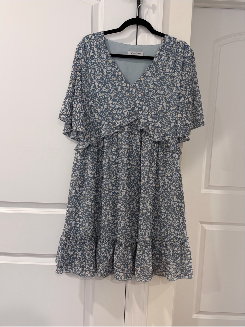 Blue Floral V-Neck Ruffle Dress